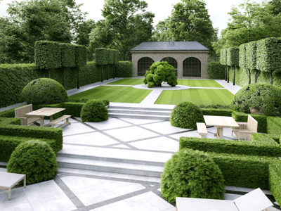 Modern courtyard with topiaries