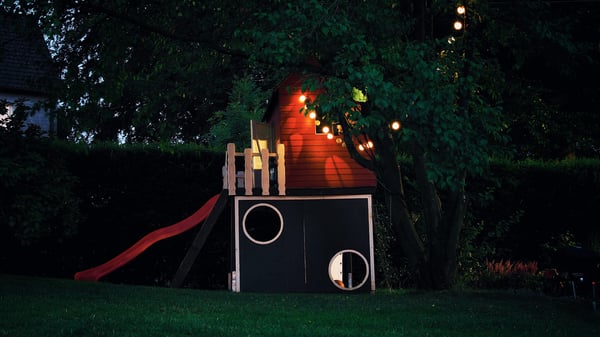 backyard, lights, playhouse